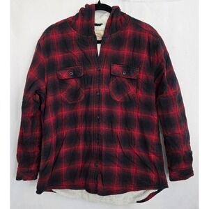 BOSTON TRADERS Men L Sherpa Lined Flannel Hooded Shacket Red Black‎ Plaid Coat